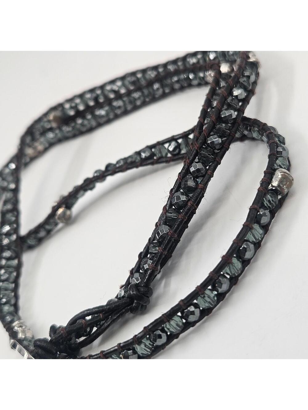 Victoria Emerson Hematite Faceted Beads Skull Beaded Wrap Necklace Leather Cord